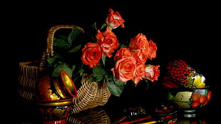 orange Rose flowers in brown wicker basket HD wallpaper