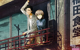 man standing beside girl anime character
