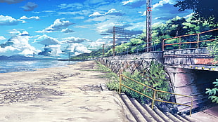 illustration of grey bridge near sea, anime, artwork HD wallpaper