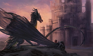 dragon facing castle wallpaper, dragon, castle, fantasy art, artwork