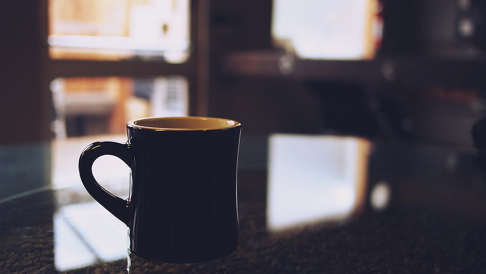 black ceramic mug, Cup, Table, Light HD wallpaper