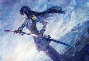 long blue-haired woman holding long sword anime illustration HD wallpaper