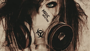 person wearing gas mask with biohazard logo illustration, gas masks, apocalyptic, music