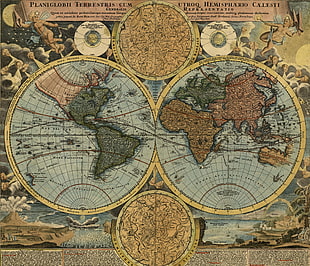 double hemisphere map, world map, artwork, map