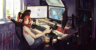 brown wooden framed brown padded armchair, redhead, controllers, multiple display, drink HD wallpaper