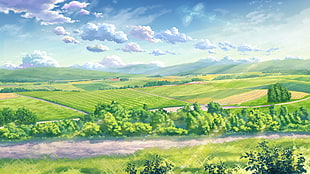 green farm field under cloudy sky painting, landscape, sunlight, clouds, field