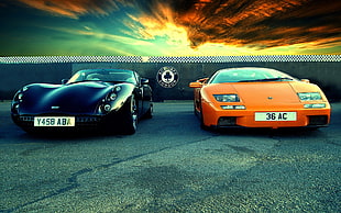two black and orange sports coupes, car, Lamborghini, TVR, Lamborghini Diablo HD wallpaper