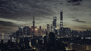 city building during night painting, dark, cityscape, night, Shanghai