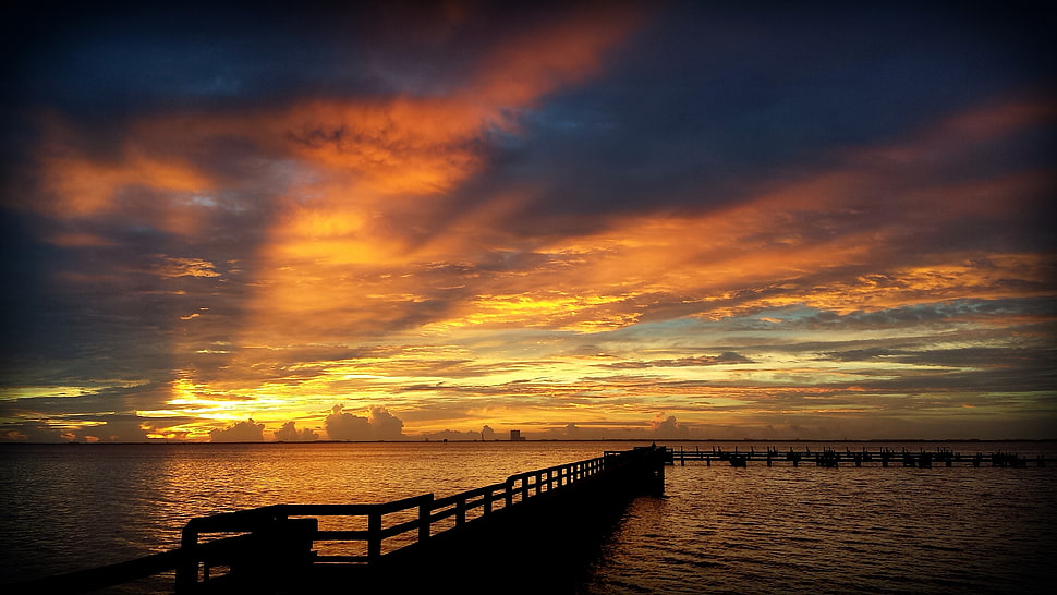 silhouette of dock during sunrise, florida HD wallpaper