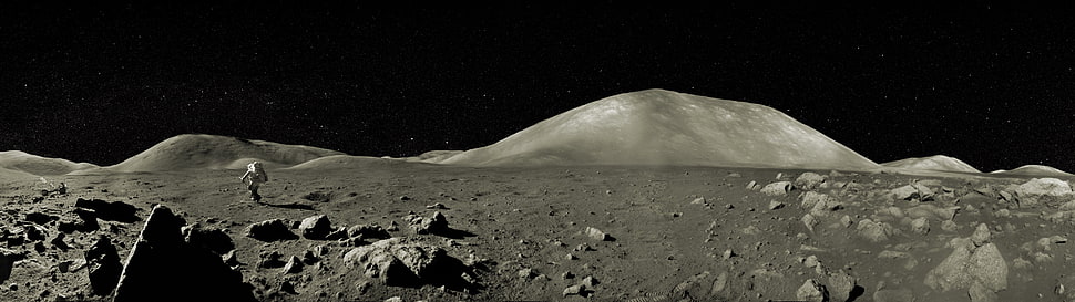 gray field and mountains, multiple display, landscape, Moon, astronaut HD wallpaper