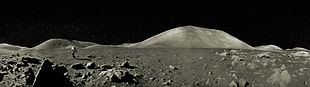 gray field and mountains, multiple display, landscape, Moon, astronaut