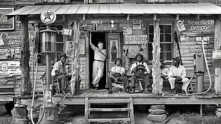 grayscale photography of six men at the porch of a house, monochrome, western, Coca-Cola, history