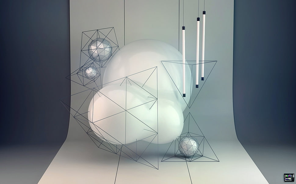 white and gray hanging decors, low poly, abstract, digital art HD wallpaper