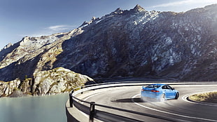 blue sedan, Jaguar XFR-S, drift, mountains, car