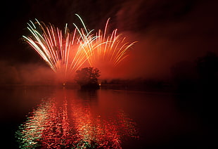 landscape photo of fireworks in the sky near water formation during nighttime