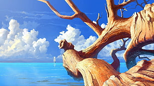 brown wooden tree trunk on blue body of water painting, artwork, trees, boat, sea