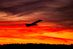 black aircraft, Airplane, Sunset, Sky