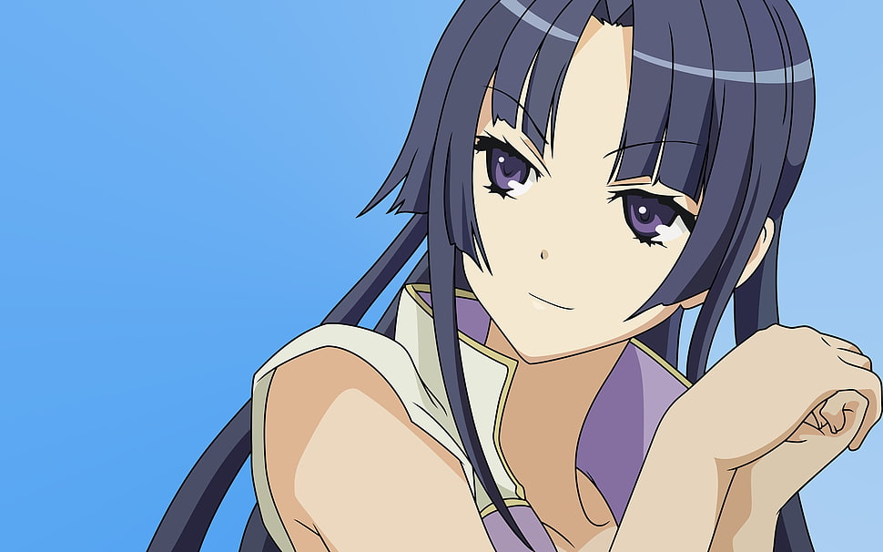 female anime character with black hair and purple eyes HD wallpaper