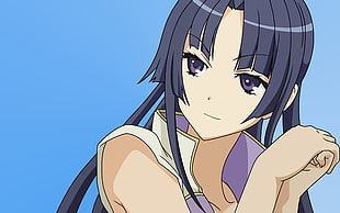 female anime character with black hair and purple eyes