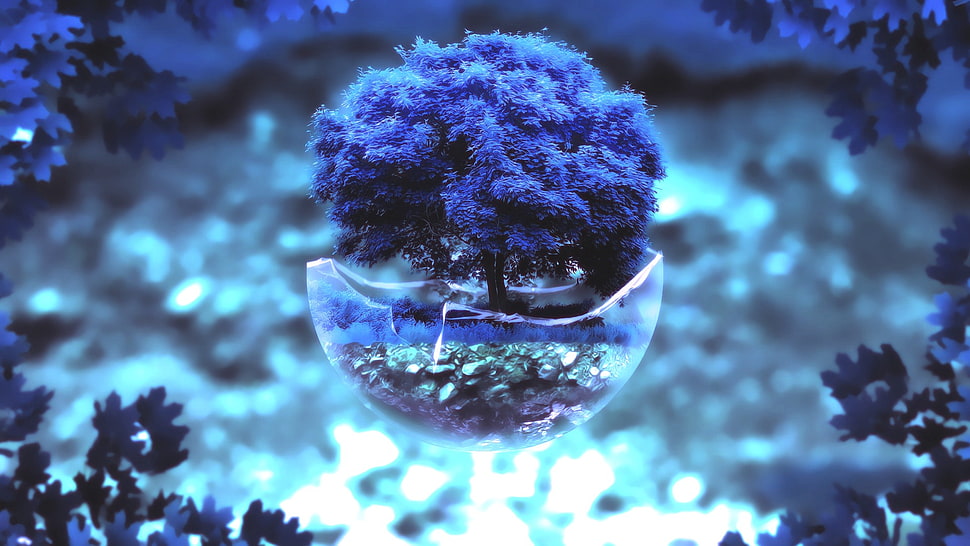 purple leafed tree, trees, blue, digital art, artwork HD wallpaper
