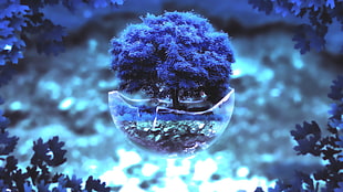 purple leafed tree, trees, blue, digital art, artwork