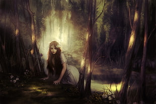 woman wearing white dress in the forest painting HD wallpaper