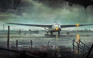 gray airplane on port during rainy day illustration
