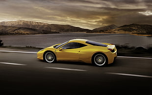 yellow coupe digital wallpaper, Ferrari, asphalt, car