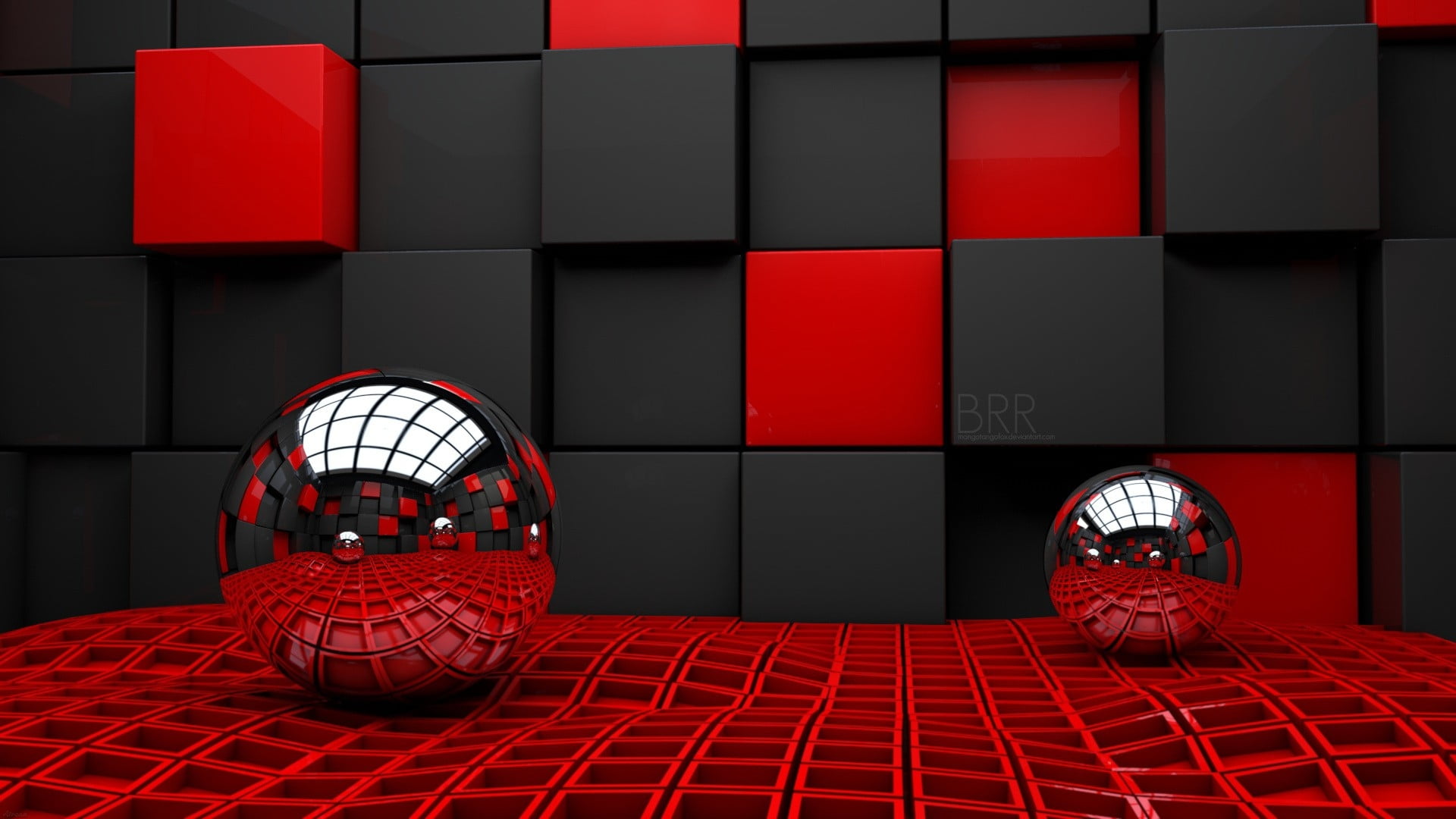 two grey balls with red cube background wallpaper
