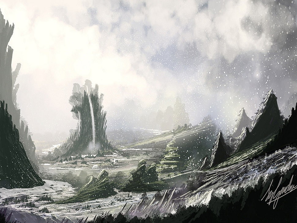 mountains and trees painting, fantasy art, artwork, snow, winter HD wallpaper