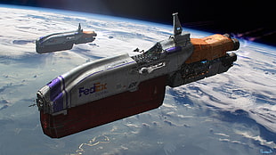 white and red spaceship illustration, spaceship, Fedex, space, sky