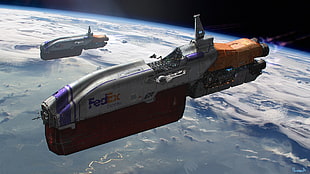 white and red spaceship illustration, spaceship, Fedex, space, sky HD wallpaper