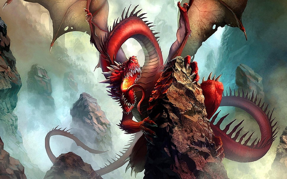 red dragon on rock game digital wallpaper, dragon, fantasy art, artwork, red HD wallpaper
