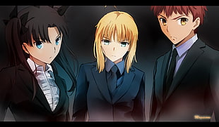 two female and 1 male anime characters digital wallpaper, anime, Fate Series, Saber, Tohsaka Rin