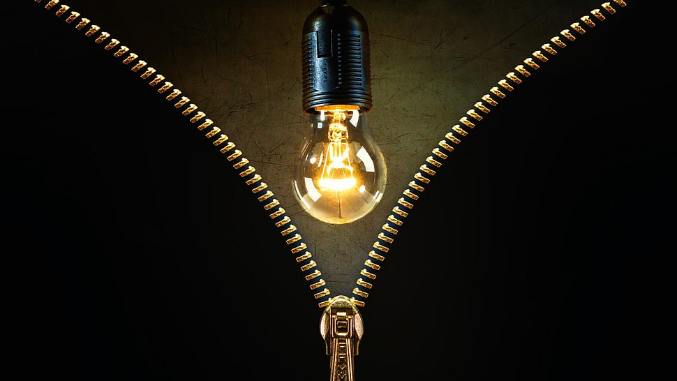black bulb light, lightbulb, zippers, lights, gold HD wallpaper