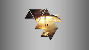 triangle-shaped two person on swings painting, abstract, sunset