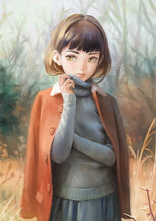 female anime character with brown jacket illustration, original characters, short hair, jacket, sweater