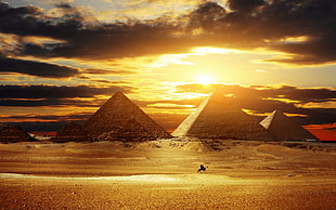 Pyramids of Giza, pyramid, sunset, sunlight, desert HD wallpaper