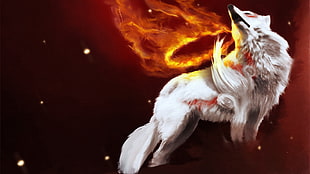 white fox illustration, wolf, Okami