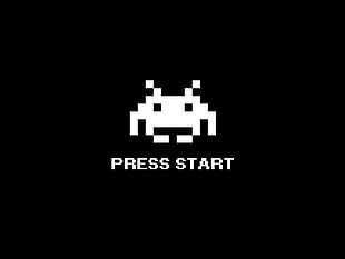 press start signage, video games, digital art, Space Invaders, pixels
