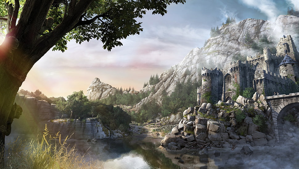 ruins illustration, artwork, fortress, lake, mountains HD wallpaper