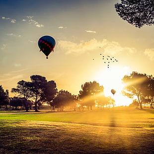 hot air balloons in sunset scenery HD wallpaper