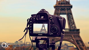black Canon DSLR camera, Eiffel Tower, Canon, camera