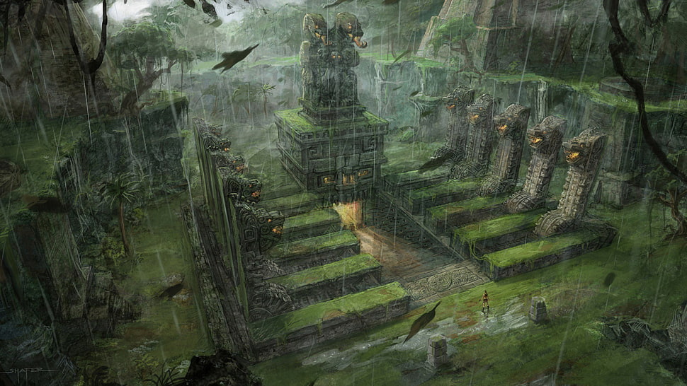 green and gray stone ruins 3D wallpaper, fantasy art, Tomb Raider HD wallpaper