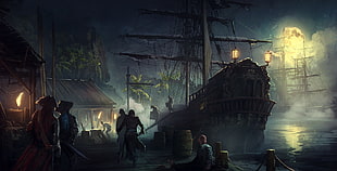 gray ship illustration, digital art, sailing ship, Sergey Zabelin, pirates