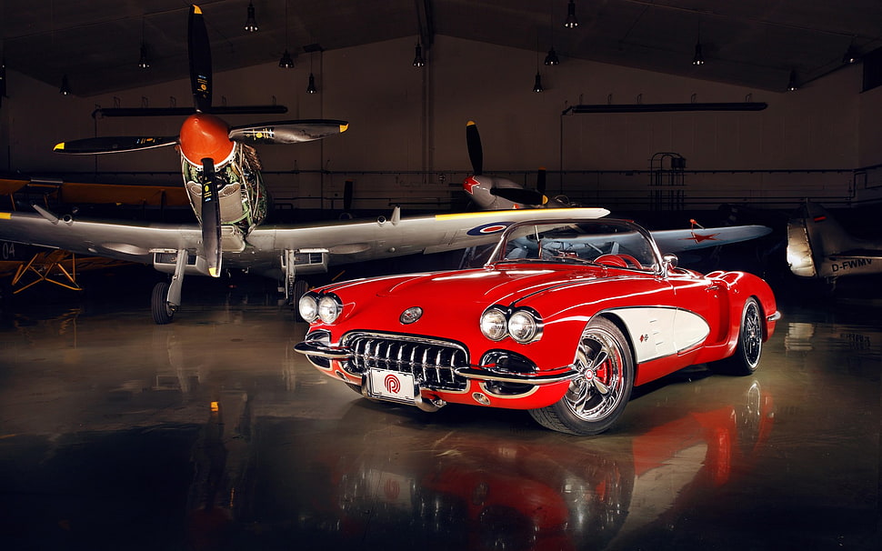 1959 red Chevrolet Corvette convertible coupe, Chevrolet, Corvette, vintage HD wallpaper