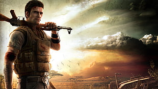 man holding gun wearing vest game poster HD wallpaper