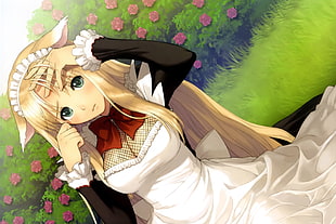blonde-haired female anime character wearing maid costume
