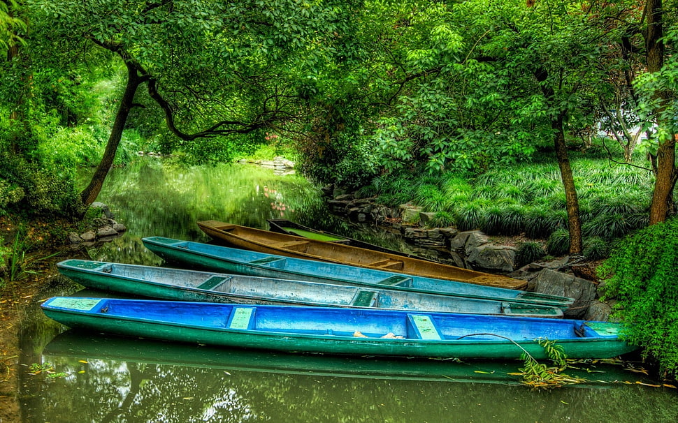 three green and one brown canoes HD wallpaper