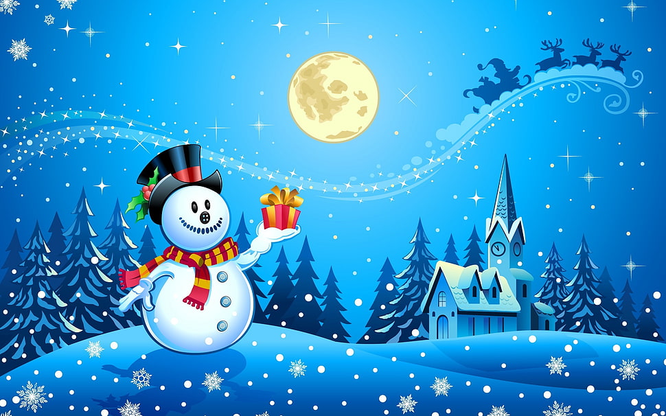 white and red snowman holding gift box illustration, Christmas, New Year HD wallpaper